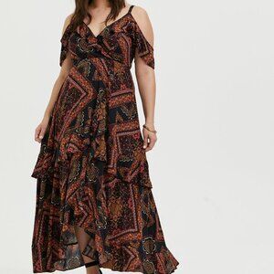 Torrid Scarf Print Challis Cold Shoulder Maxi Dress, size 2